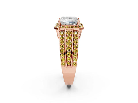 Rose gold Princess Cut Halo Diamond Ring with Round with Yellow Sapphire side stone Split Shank and Prong Setting_2