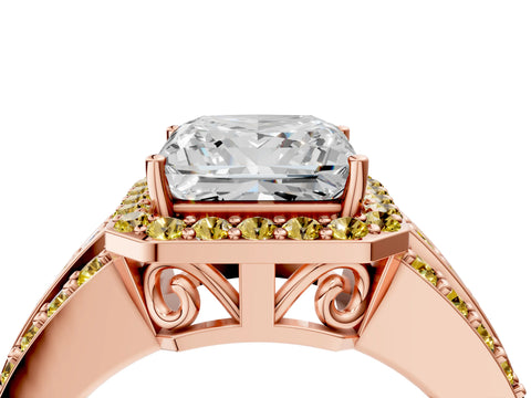 Rose gold Princess Cut Halo Diamond Ring with Round with Yellow Sapphire side stone Split Shank and Prong Setting_4