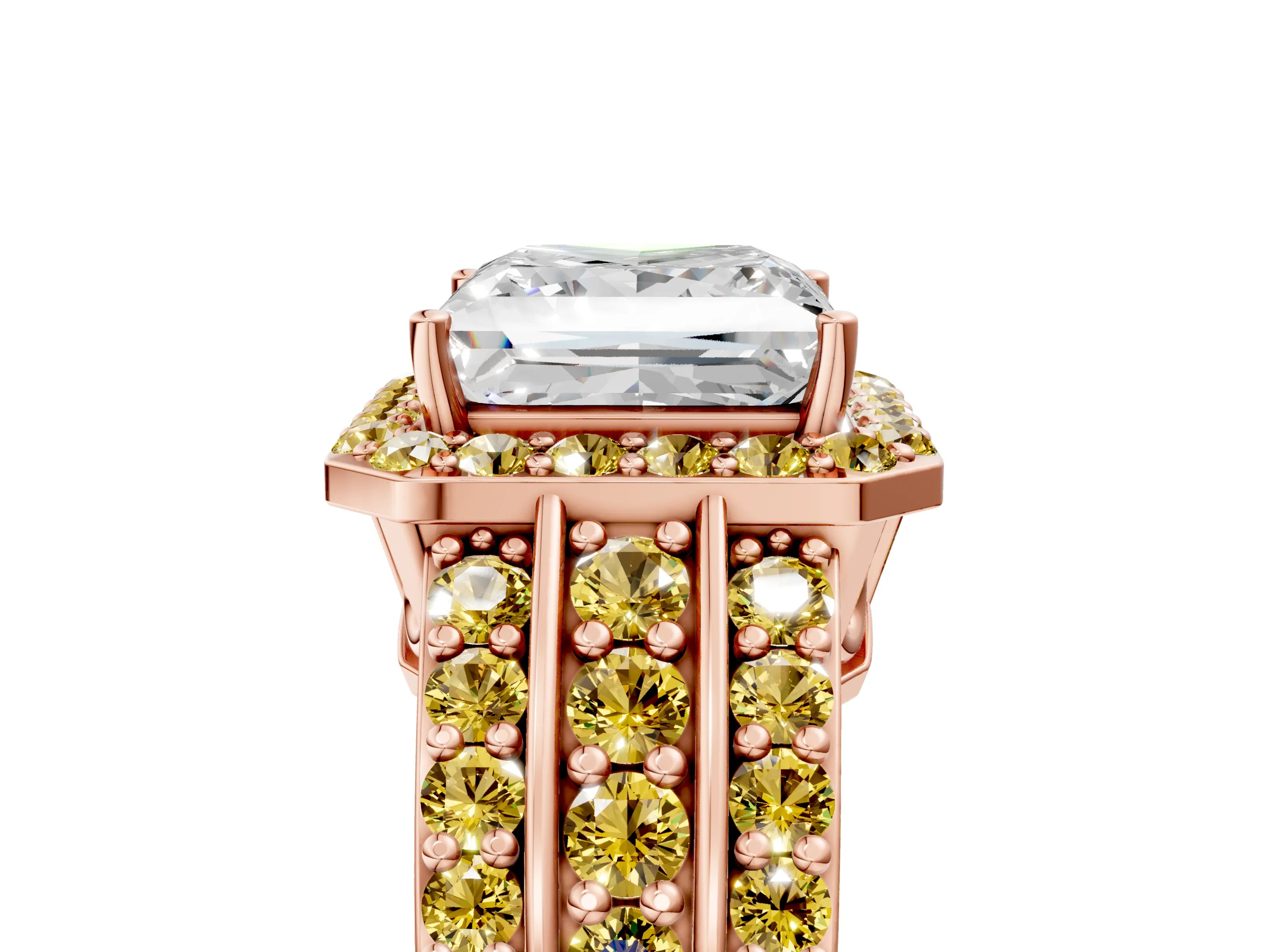 Rose gold Princess Cut Halo Diamond Ring with Round with Yellow Sapphire side stone Split Shank and Prong Setting_5