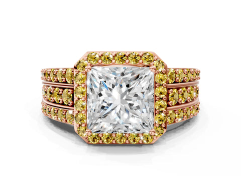 Rose gold Princess Cut Halo Diamond Ring with Round with Yellow Sapphire side stone Split Shank and Prong Setting