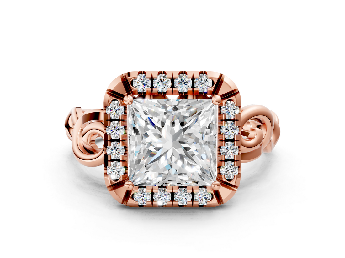 Rose gold Princess Cut Halo Diamond Ring with Scrollwork Band and Four-Prong Setting_56