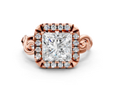Rose gold Princess Cut Halo Diamond Ring with Scrollwork Band and Four-Prong Setting_56