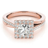 Rose gold Princess Cut Halo Diamond Ring with Split Shank and Four-Prong Setting 1