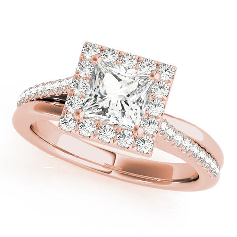 Rose gold Princess Cut Halo Diamond Ring with Split Shank and Four-Prong Setting