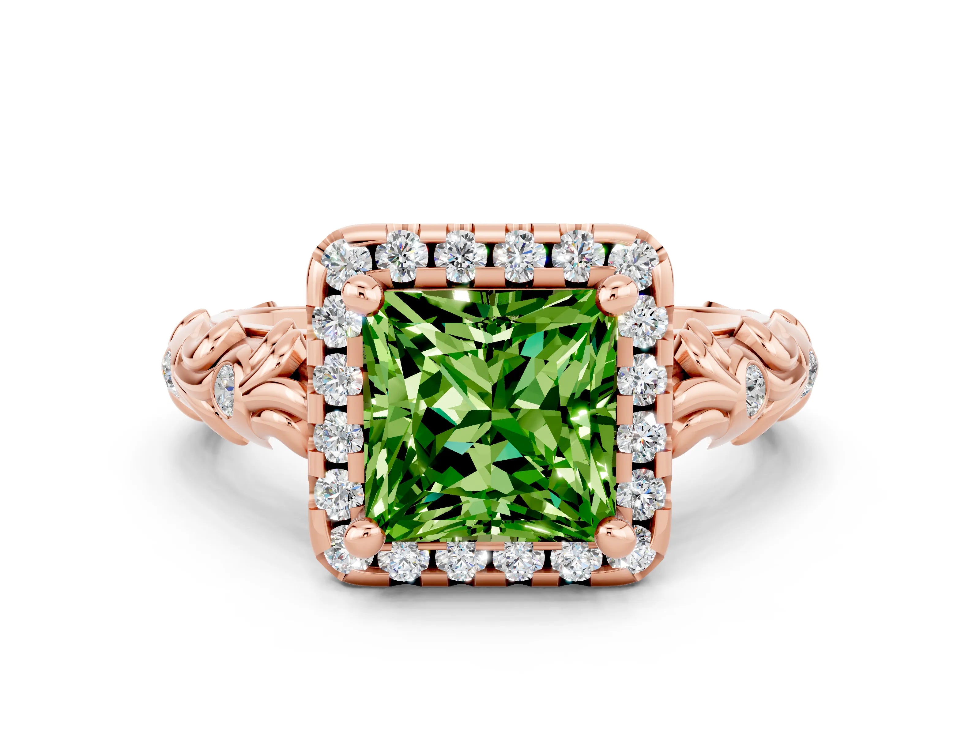 Rose gold Princess Cut Halo Diamond Solitaire with Filigree Band and Four-Prong Setting