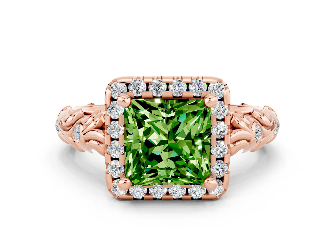 Rose gold Princess Cut Halo Diamond Solitaire with Filigree Band and Four-Prong Setting