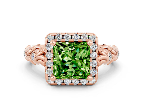Rose gold Princess Cut Peridot Halo Ring with Filigree Band and Prong Setting