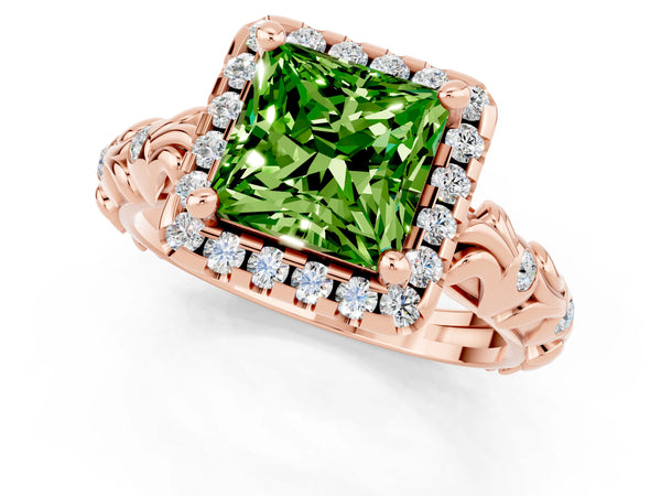 Rose gold Princess Cut Peridot Halo Ring with Filigree Band and Prong Setting