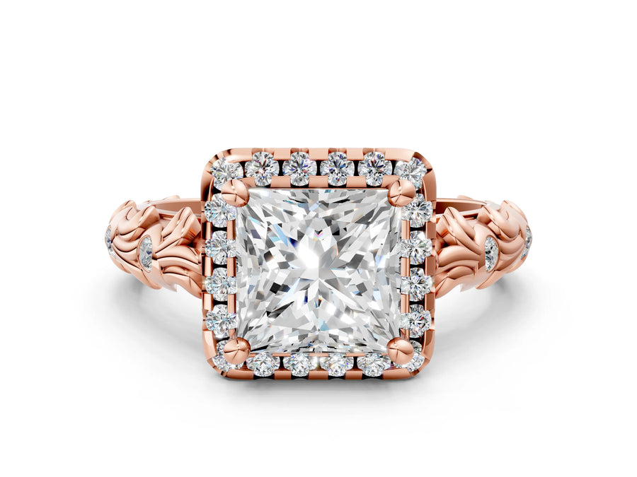 Rose gold Princess Cut Halo Diamond Solitaire with Filigree Band and Four-Prong Setting