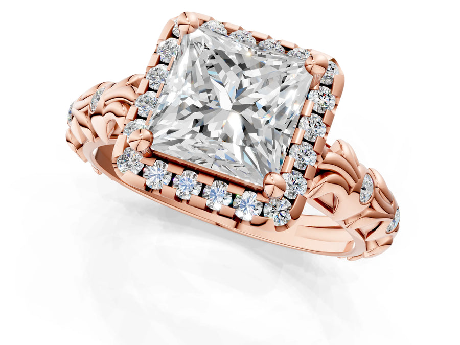 Rose gold Princess Cut Halo Diamond Solitaire with Filigree Band and Four-Prong Setting