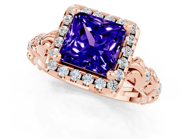 Rose gold Princess Cut Tanzanite Halo Ring with Filigree Band and Prong Setting