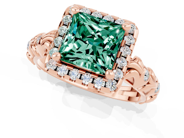 Rose gold Princess Cut Green Sapphire Halo Ring with Filigree Band and Prong Setting