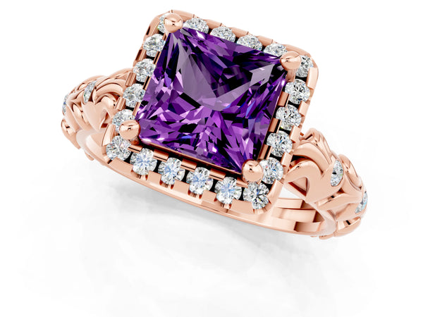 Rose gold Princess Cut Amethyst Halo Ring with Filigree Band and Prong Setting