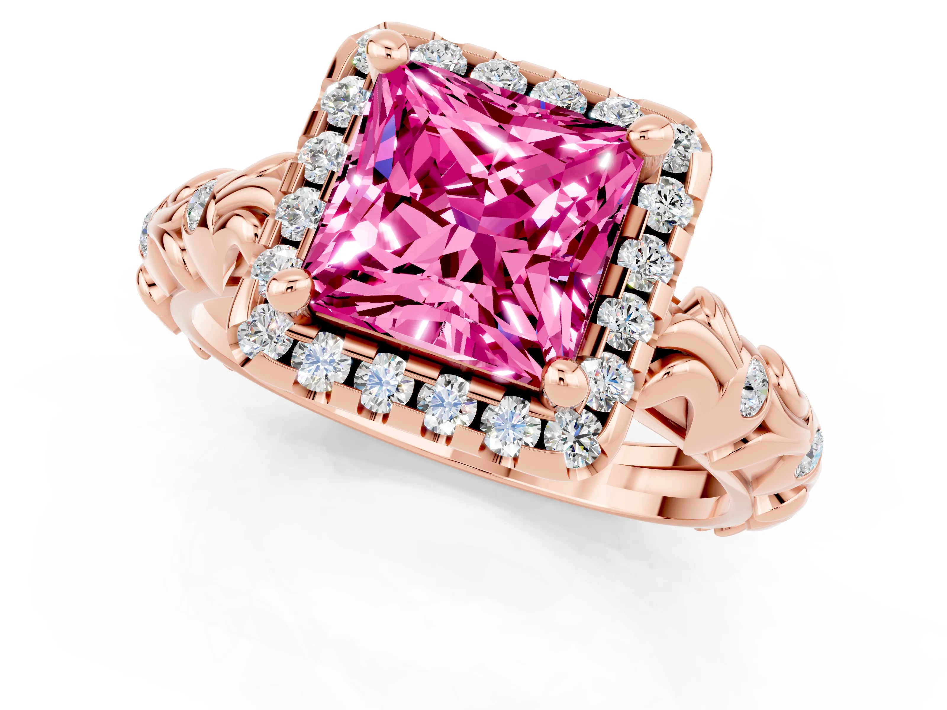 Rose gold Princess Cut Halo Diamond Solitaire with Filigree Band and Four-Prong Setting_1