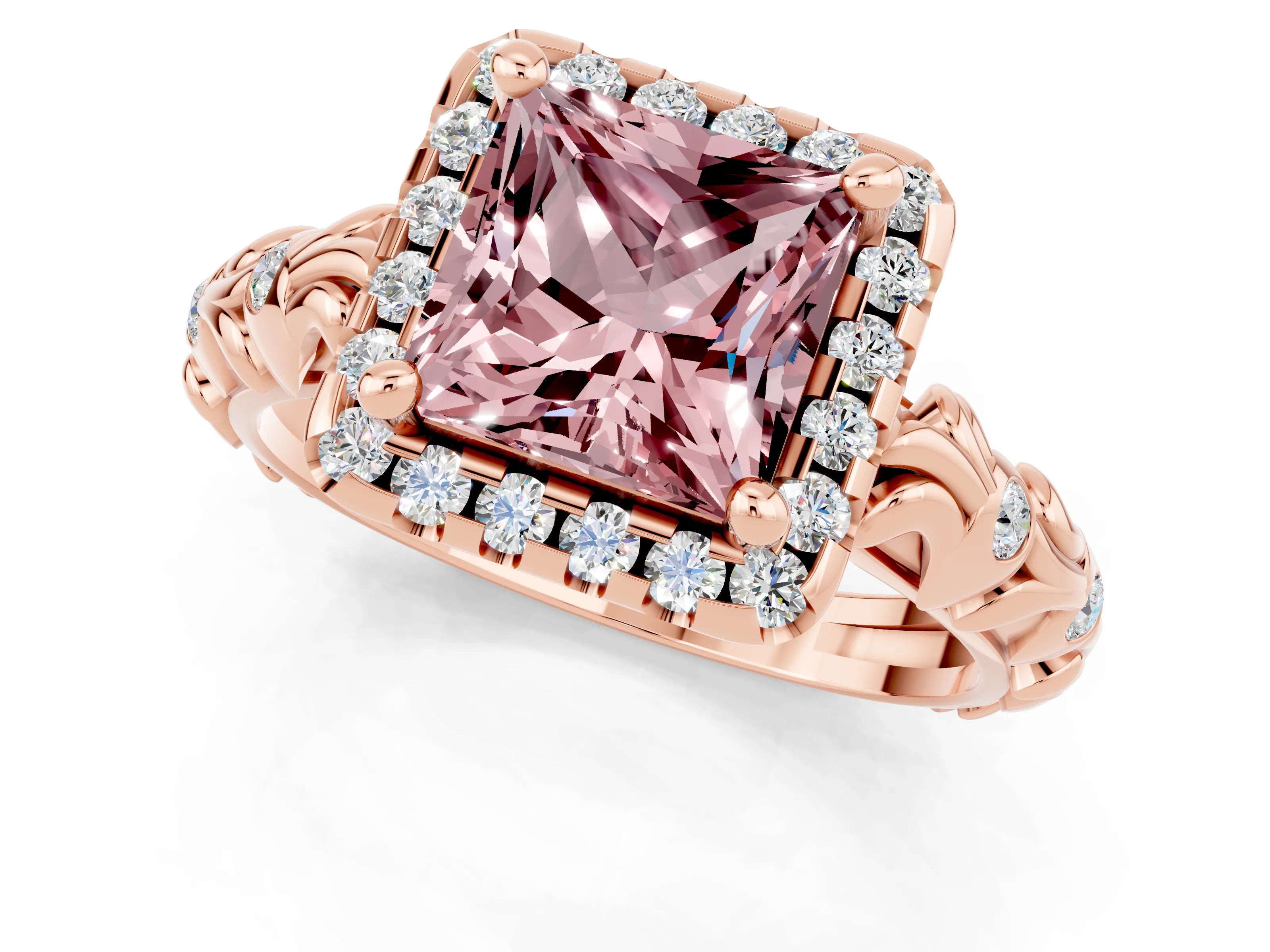 Rose gold Princess Cut Halo Diamond Solitaire with Filigree Band and Four-Prong Setting_1
