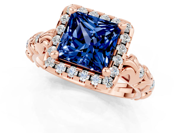 Rose gold Princess Cut Blue Sapphire Halo Ring with Filigree Band and Prong Setting