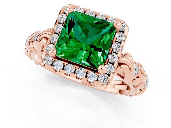 Rose gold Princess Cut Emerald Halo Ring with Filigree Band and Prong Setting