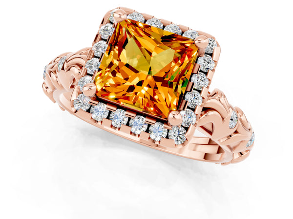 Rose gold Princess Cut Citrine Halo Ring with Filigree Band and Prong Setting