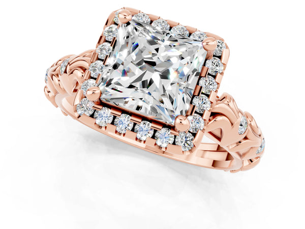 Rose gold Princess Cut Moissanite Halo Ring with Filigree Band and Prong Setting