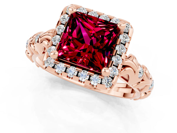 Rose gold Princess Cut Garnet Halo Ring with Filigree Band and Prong Setting