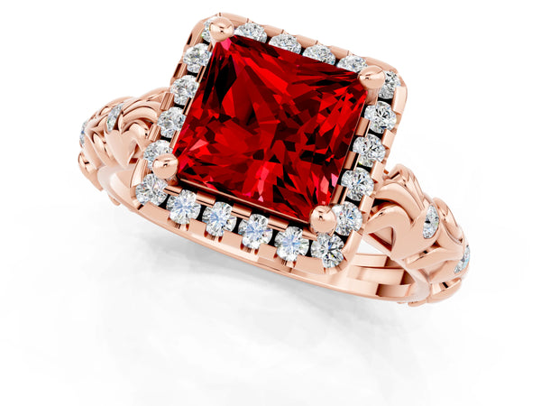 Rose gold Princess Cut Ruby Halo Ring with Filigree Band and Prong Setting