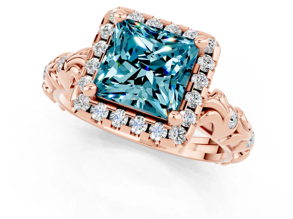 Rose gold Princess Cut Halo Diamond Solitaire with Filigree Band and Four-Prong Setting