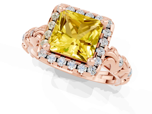Rose gold Princess Cut Yellow Sapphire Halo Ring with Filigree Band and Prong Setting
