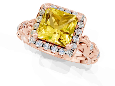 Rose gold Princess Cut Halo Diamond Solitaire with Filigree Band and Four-Prong Setting_1