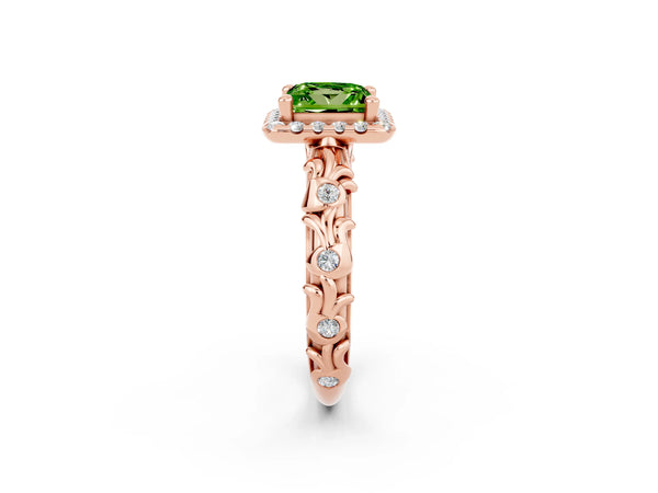 Rose gold Princess Cut Peridot Halo Ring with Filigree Band and Prong Setting