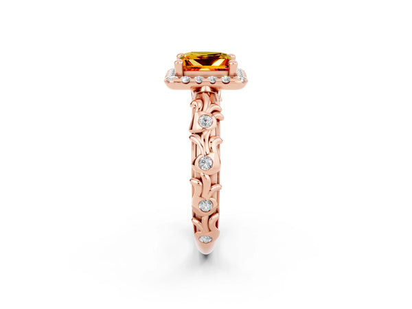 Rose gold Princess Cut Citrine Halo Ring with Filigree Band and Prong Setting