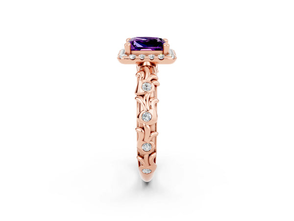 Rose gold Princess Cut Amethyst Halo Ring with Filigree Band and Prong Setting