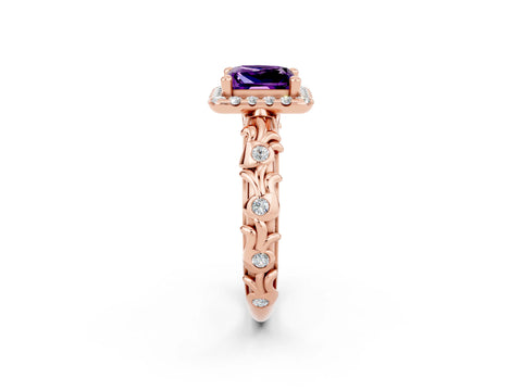 Rose gold Princess Cut Halo Diamond Solitaire with Filigree Band and Four-Prong Setting_2