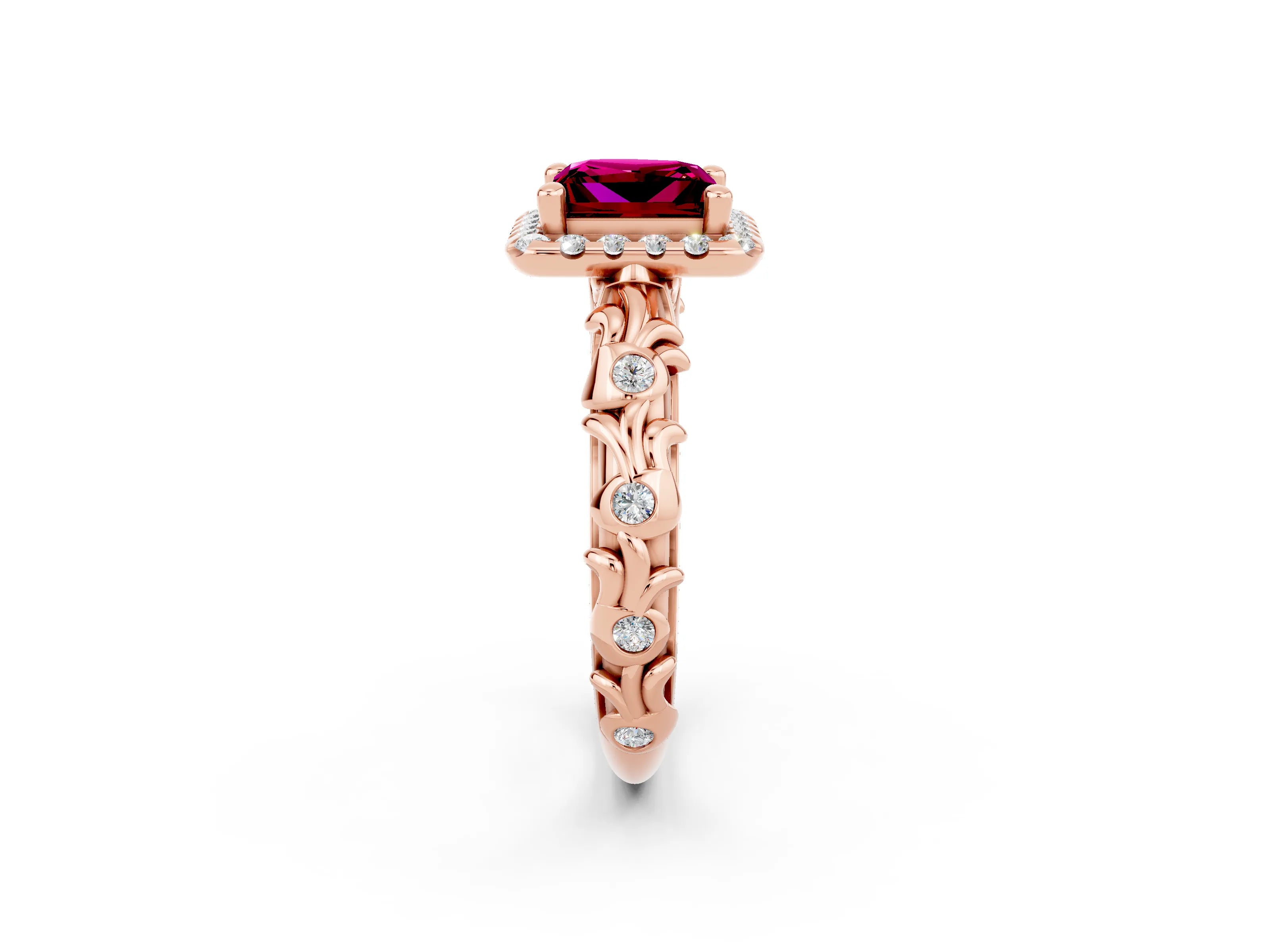 Rose gold Princess Cut Halo Diamond Solitaire with Filigree Band and Four-Prong Setting_2
