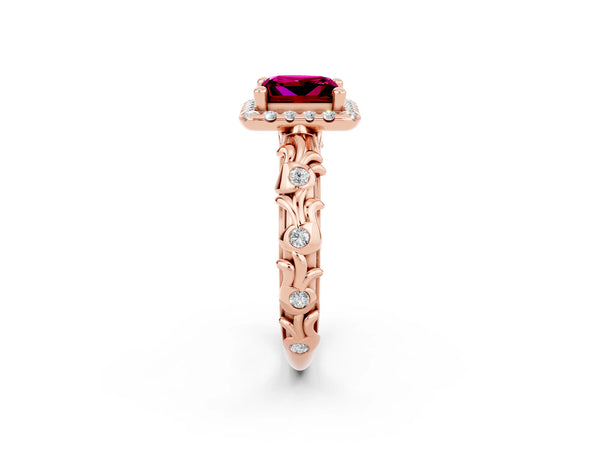 Rose gold Princess Cut Garnet Halo Ring with Filigree Band and Prong Setting