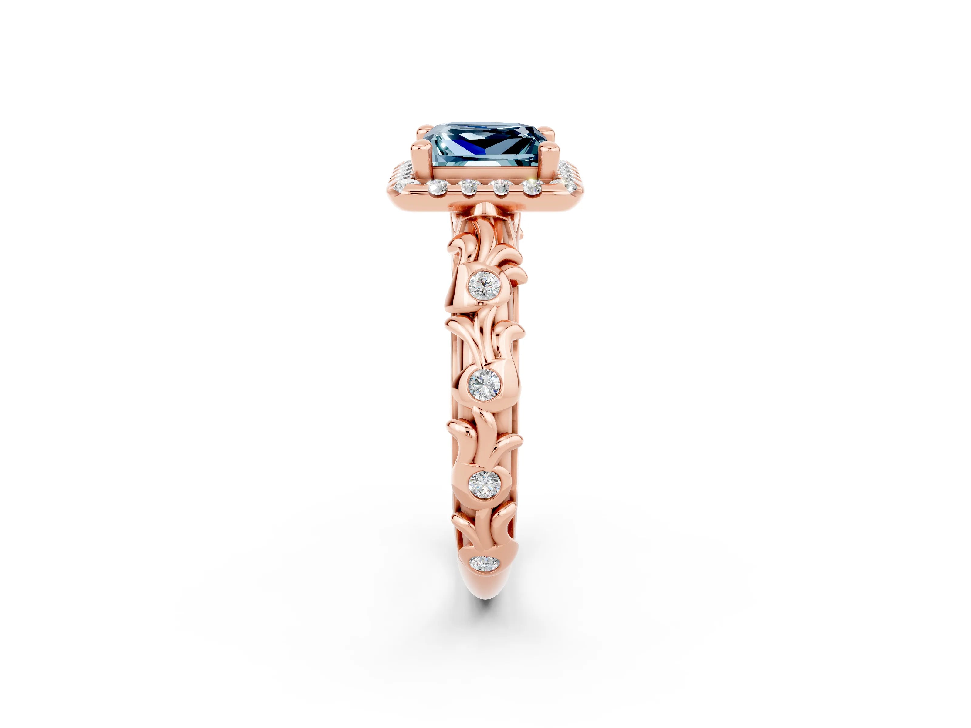 Rose gold Princess Cut Halo Diamond Solitaire with Filigree Band and Four-Prong Setting_2