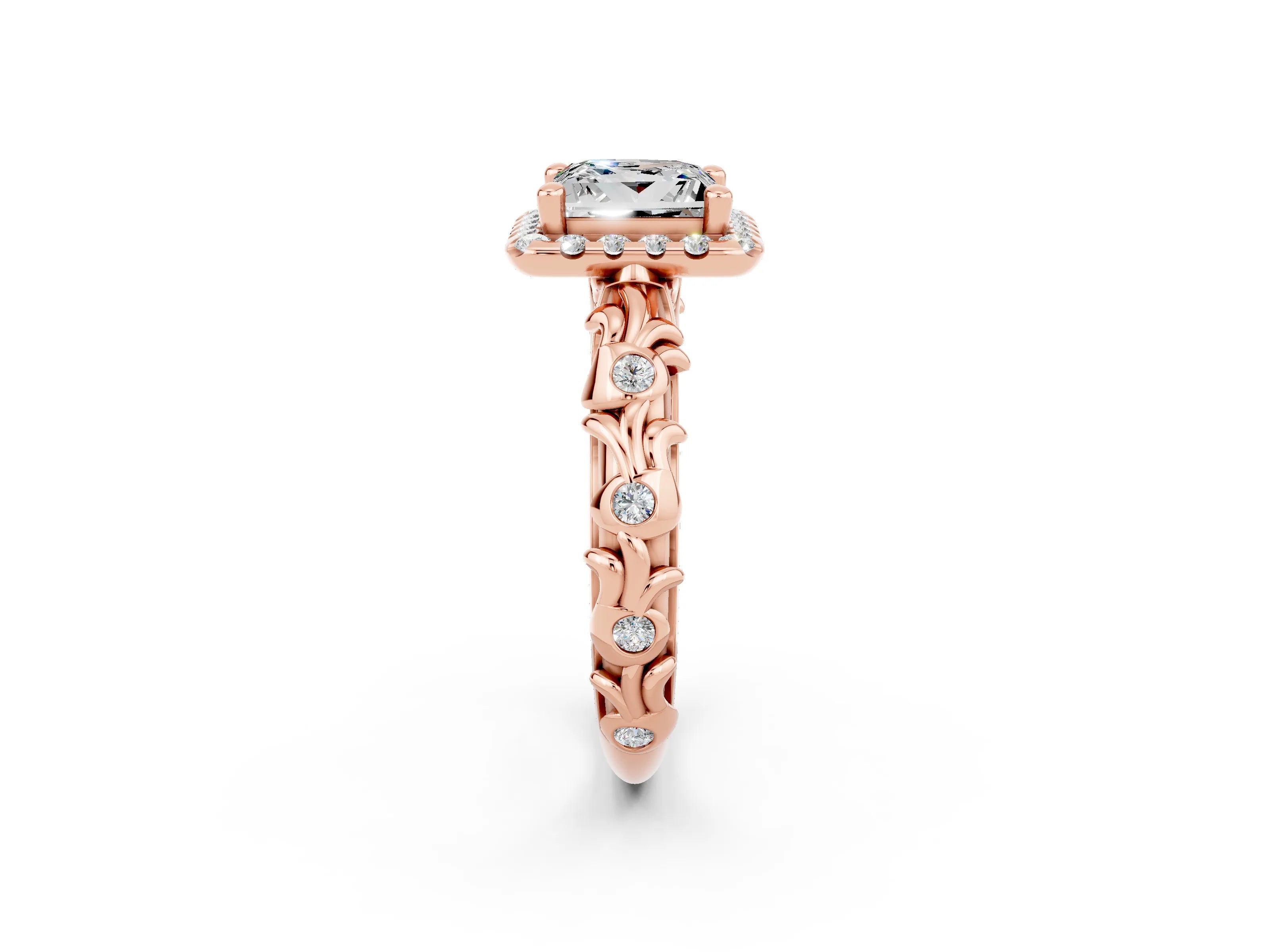 Rose gold Princess Cut Halo Diamond Solitaire with Filigree Band and Four-Prong Setting_2