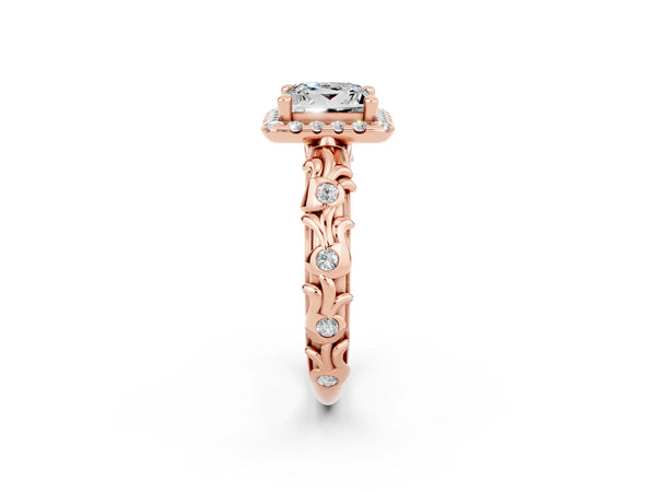 Rose gold Princess Cut Moissanite Halo Ring with Filigree Band and Prong Setting