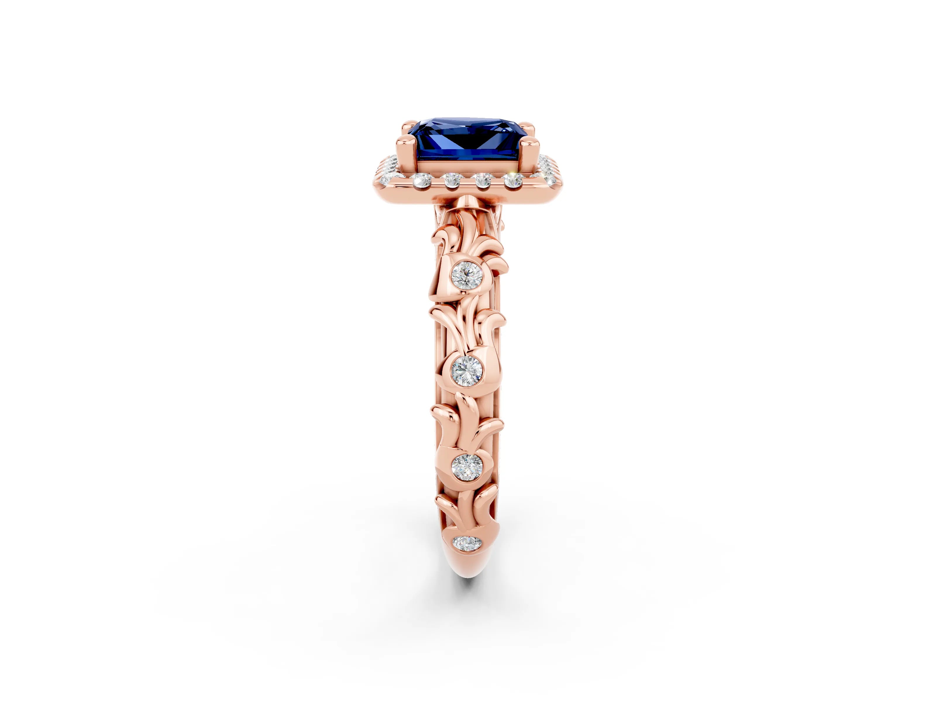 Rose gold Princess Cut Halo Diamond Solitaire with Filigree Band and Four-Prong Setting_2