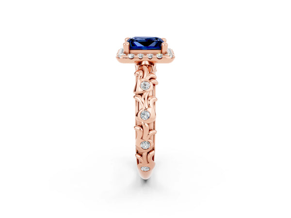 Rose gold Princess Cut Blue Sapphire Halo Ring with Filigree Band and Prong Setting