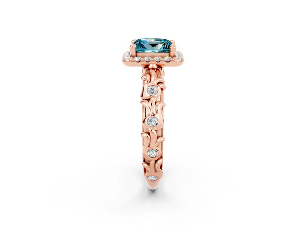 Rose gold Princess Cut Halo Diamond Solitaire with Filigree Band and Four-Prong Setting