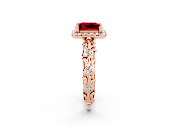 Rose gold Princess Cut Ruby Halo Ring with Filigree Band and Prong Setting