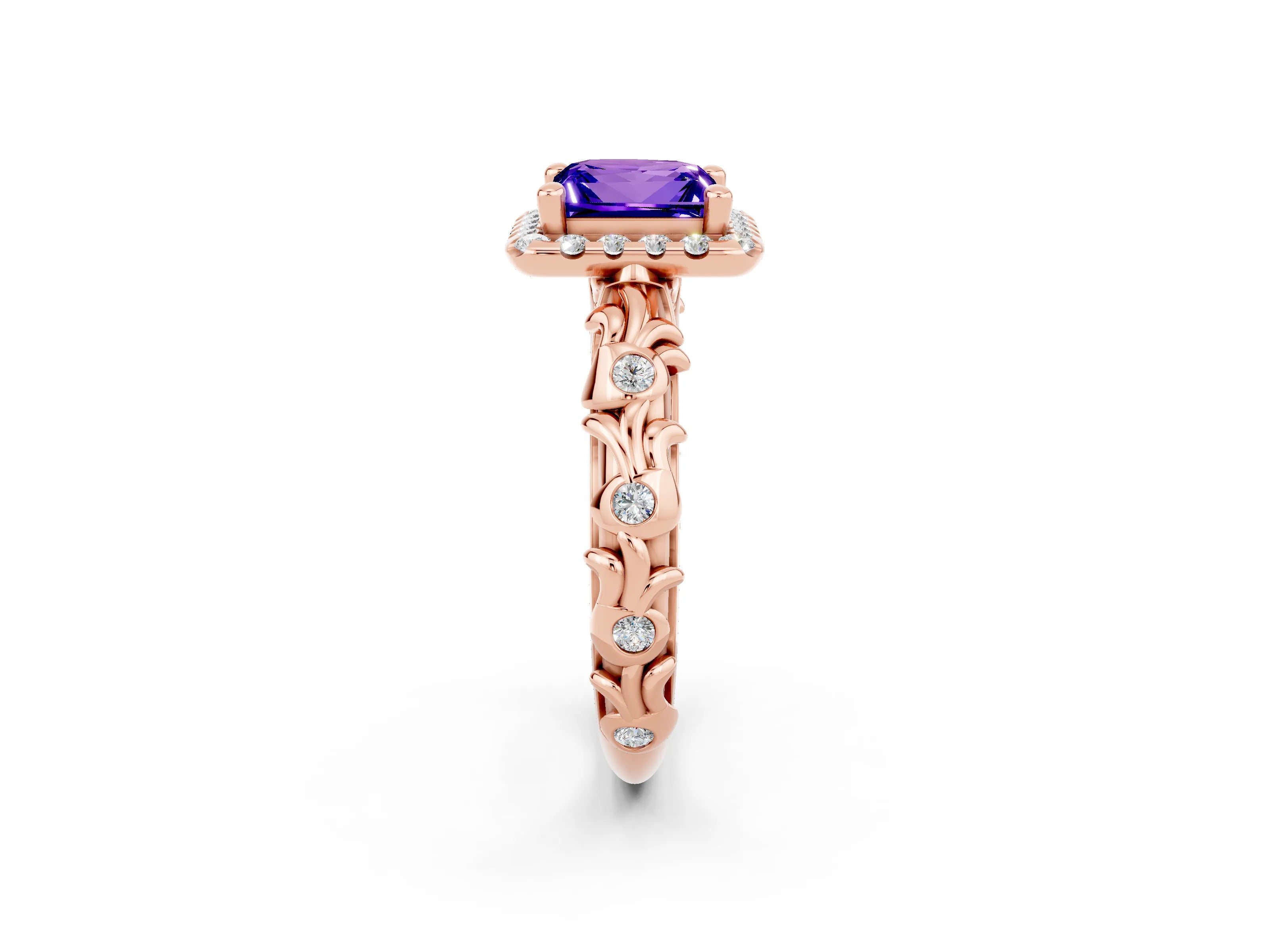 Rose gold Princess Cut Halo Diamond Solitaire with Filigree Band and Four-Prong Setting_2