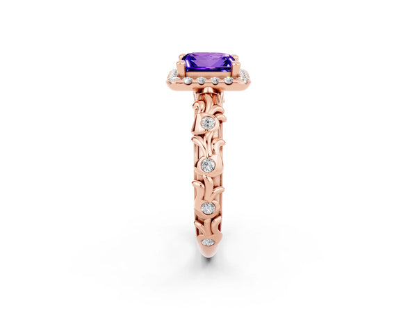 Rose gold Princess Cut Tanzanite Halo Ring with Filigree Band and Prong Setting