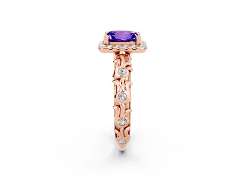 Rose gold Princess Cut Halo Diamond Solitaire with Filigree Band and Four-Prong Setting_2