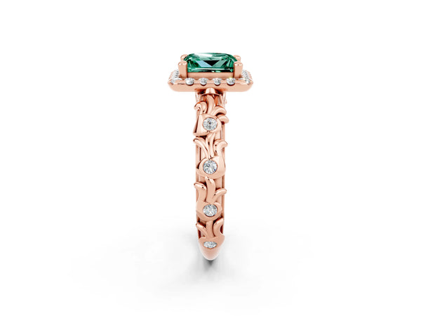 Rose gold Princess Cut Green Sapphire Halo Ring with Filigree Band and Prong Setting