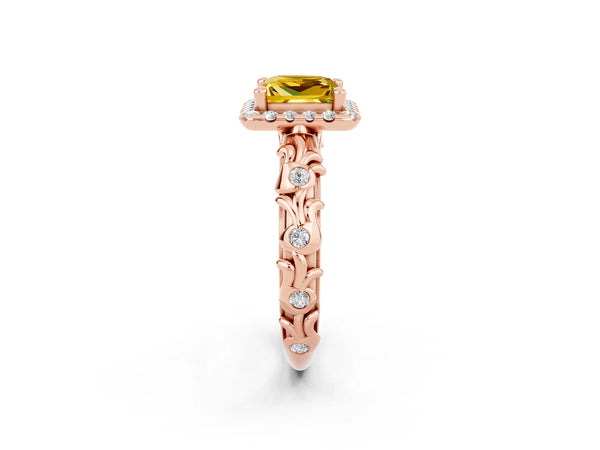 Rose gold Princess Cut Yellow Sapphire Halo Ring with Filigree Band and Prong Setting