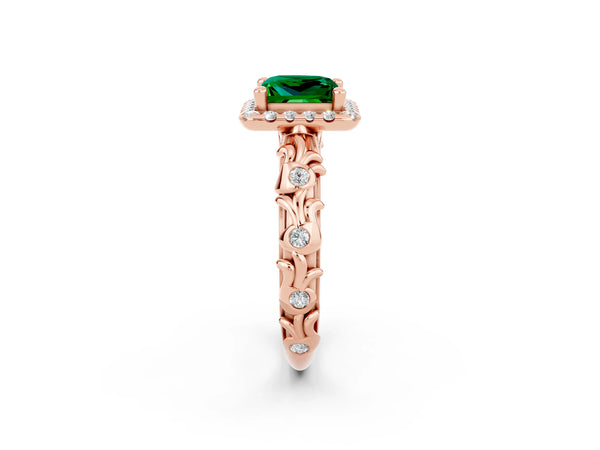 Rose gold Princess Cut Emerald Halo Ring with Filigree Band and Prong Setting