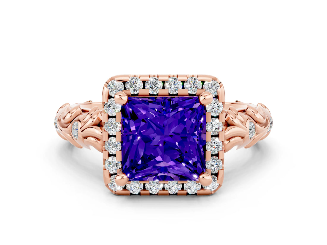 Rose gold Princess Cut Halo Diamond Solitaire with Filigree Band and Four-Prong Setting