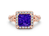 Rose gold Princess Cut Halo Diamond Solitaire with Filigree Band and Four-Prong Setting