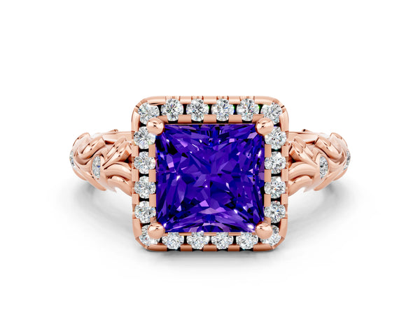 Rose gold Princess Cut Tanzanite Halo Ring with Filigree Band and Prong Setting
